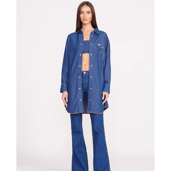 NEW Staud + Wrangler The Oversized Western Shirt Dress in Dark Rinse - Picture 7 of 12